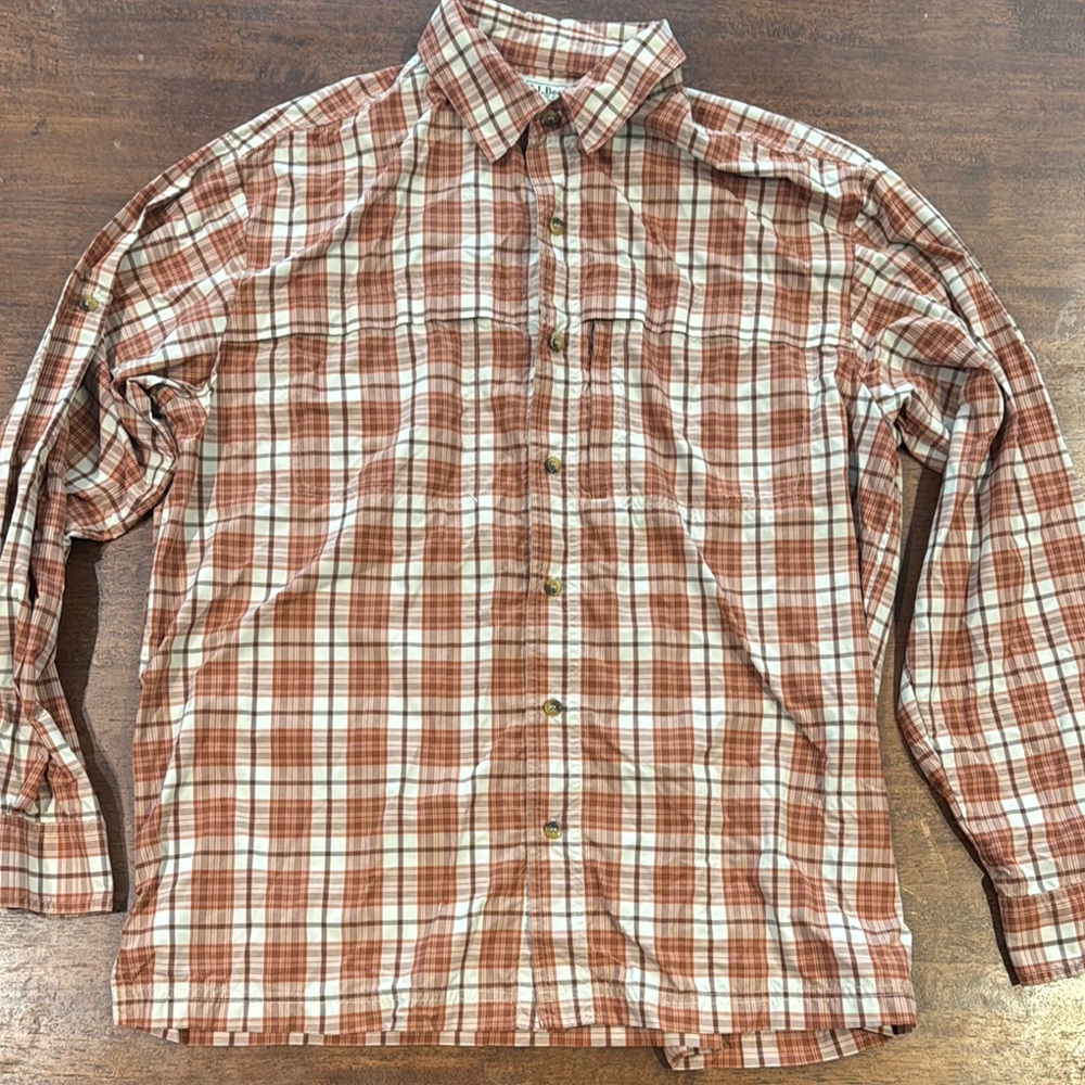 L.L. Bean Men's Orange and White Plaid Shirt
